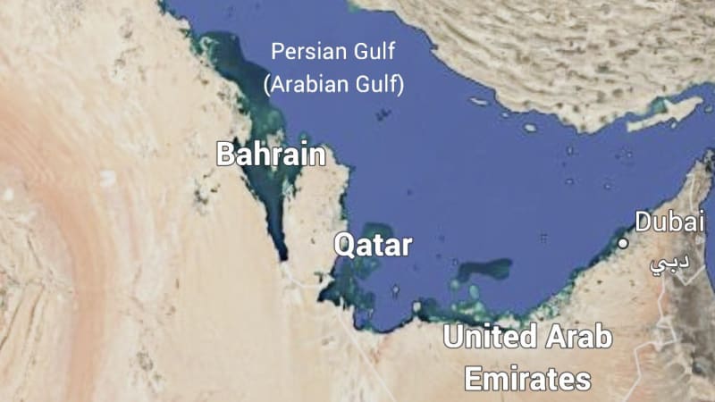 Satellite map view of the Persian Gulf region with a location pin marking Behbahan, Iran, showing surrounding countries including Kuwait, Bahrain, Qatar, United Arab Emirates, and Dubai.
