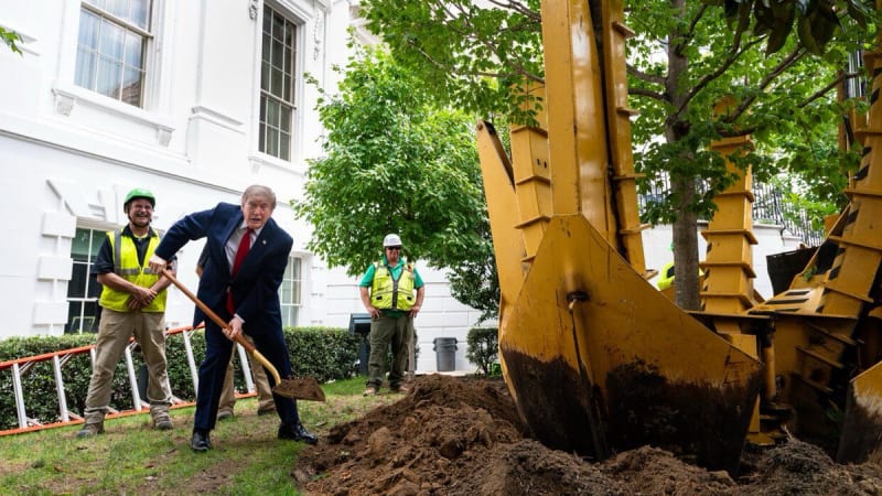 A man in a dark suit with a red tie holds a shovel near a tree being planted on the White House grounds, accompanied by workers in high-visibility vests and hard hats, with a large yellow tree spade machine visible.