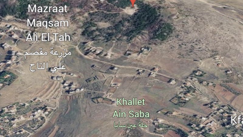 Google Earth satellite view of Ali Al Taher Hill in Lebanon, showing surrounding locations including Dimachqiyeh, Mazraat Maqsam Ali El Tah, and Khallet Ain Saba with place name labels in English and Arabic.