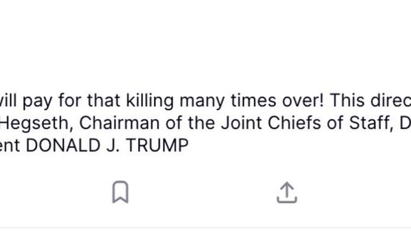 Screenshot of a social media post from Donald J. Trump's account on Truth Social, stating that Iran will pay for killing American soldiers and that this directive has been passed to Secretary of War Pete Hegseth, Chairman of the Joint Chiefs of Staff Daniel Caine, and military leaders.