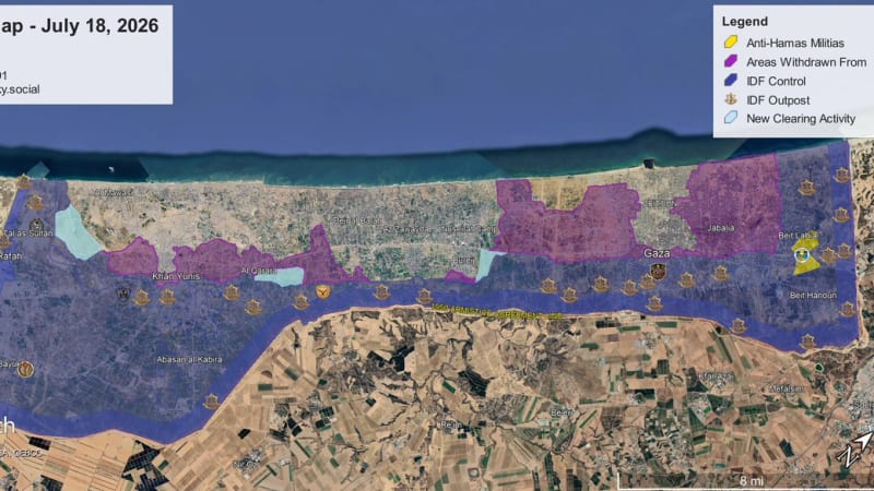 Google Earth satellite imagery of the Gaza Strip overlaid with a conflict map dated July 18, 2026, showing color-coded areas of IDF control, areas withdrawn from, IDF outposts, new clearing activity, and anti-Hamas militias across locations including Rafah, Khan Yunis, and Gaza City.