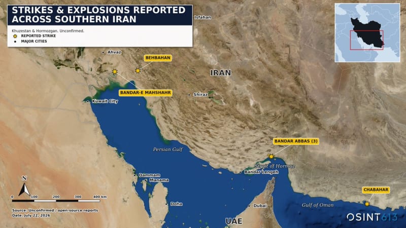 OSINT613 satellite map infographic showing reported strikes and explosions across southern Iran, dated July 22, 2026, with marked locations at Behbahan, Bandar-e Mahshahr, Bandar Abbas, and Chabahar along the Persian Gulf and Gulf of Oman.