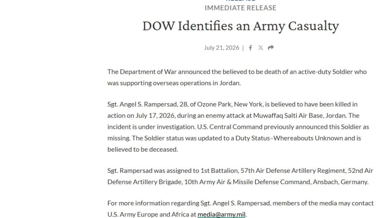 Screenshot of a fabricated press release from a fictitious 'U.S. Department of War' website dated July 21, 2026, announcing the death of an Army soldier in Jordan.