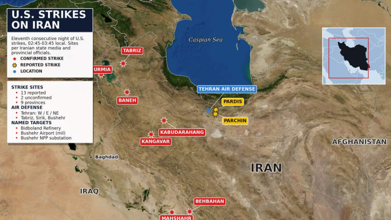 OSINT613 infographic map showing reported U.S. strike locations across Iran dated July 22, 2026, marking 13 reported strike sites across 9 provinces including Tabriz, Bushehr, Parchin, Chabahar, and others, with a satellite imagery base layer and text overlays detailing air defense and named targets.