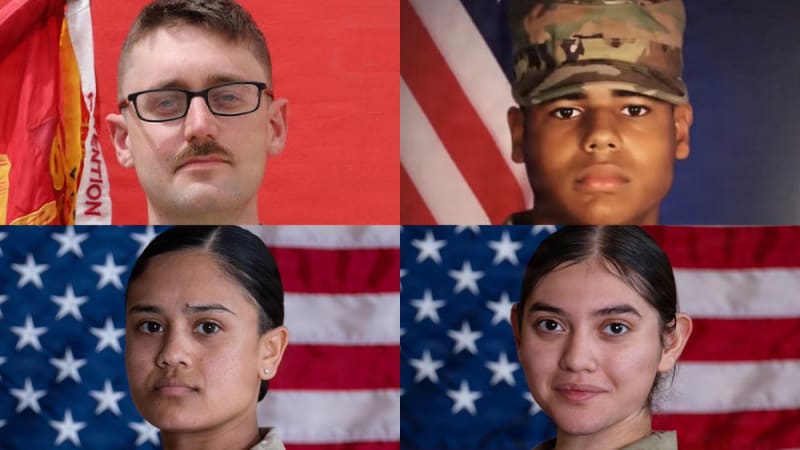 A composite image of four U.S. military service members' official portraits, each posed in front of American or military flags, arranged in a 2x2 grid layout.