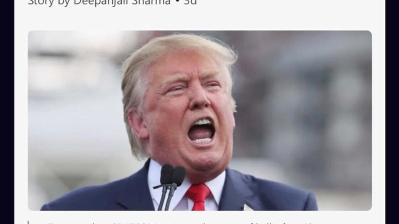 Screenshot of a social media post from the @realDonaldTrump account sharing a news article headline reading 'Trump orders CENTCOM to open the gates of hell after US troops killed, launches strikes on Iran,' with a photo of Donald Trump speaking at a microphone.