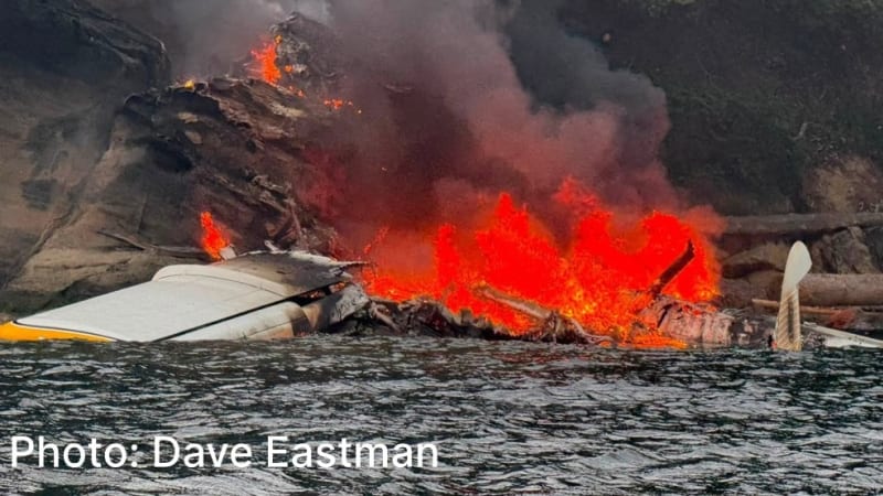 A small aircraft crashed and burning intensely at the base of a rocky cliff near the water's edge, with wreckage partially submerged. Photo credited to Dave Eastman.