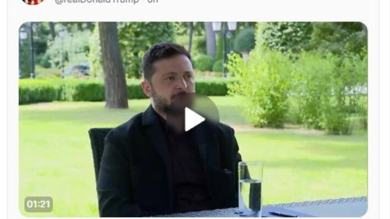 Screenshot of a social media post by Donald J. Trump reposting Laura Loomer's tweet about an exclusive interview with Ukrainian President Zelensky, with a video thumbnail showing Zelensky seated outdoors during the interview.