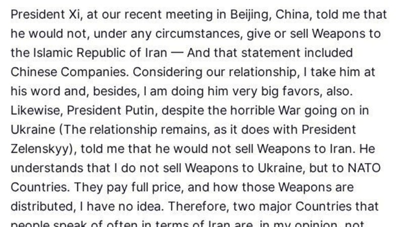 Screenshot of a Truth Social post by Donald J. Trump dated July 24, 2026, discussing conversations with President Xi and President Putin regarding weapons sales to Iran and Ukraine.