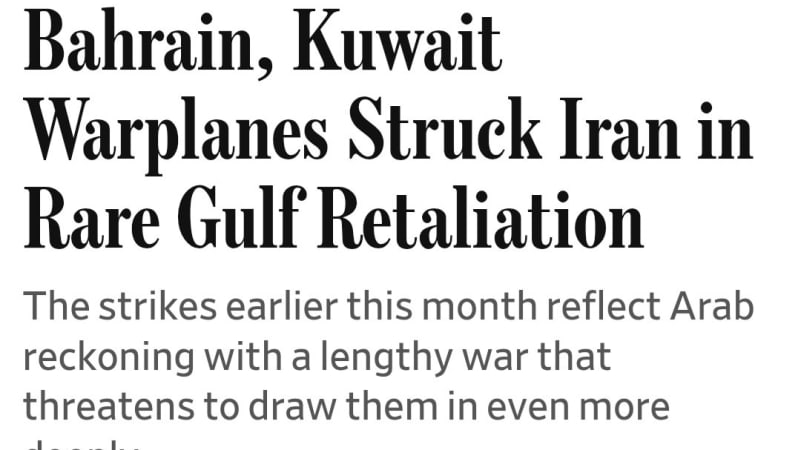 Screenshot of a news article headline reading 'Bahrain, Kuwait Warplanes Struck Iran in Rare Gulf Retaliation,' dated July 24, 2026, with a subheadline about Arab reckoning with a lengthy war.