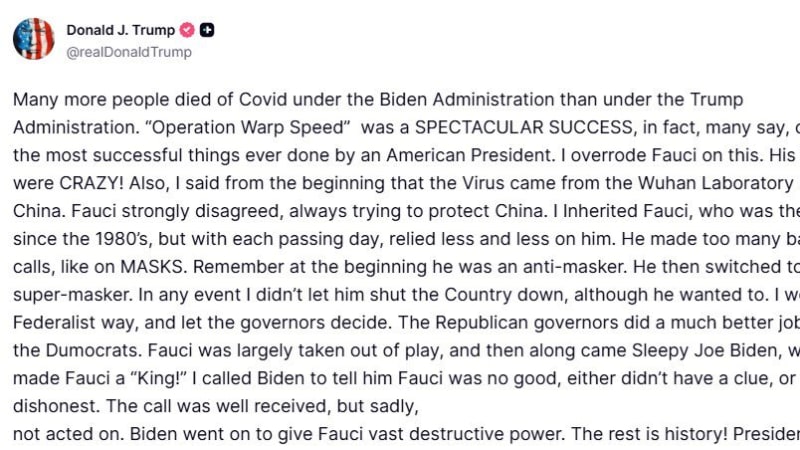 Screenshot of a social media post from Donald J. Trump's account discussing COVID-19 policies, Dr. Fauci, Operation Warp Speed, and criticizing the Biden administration's handling of the pandemic.