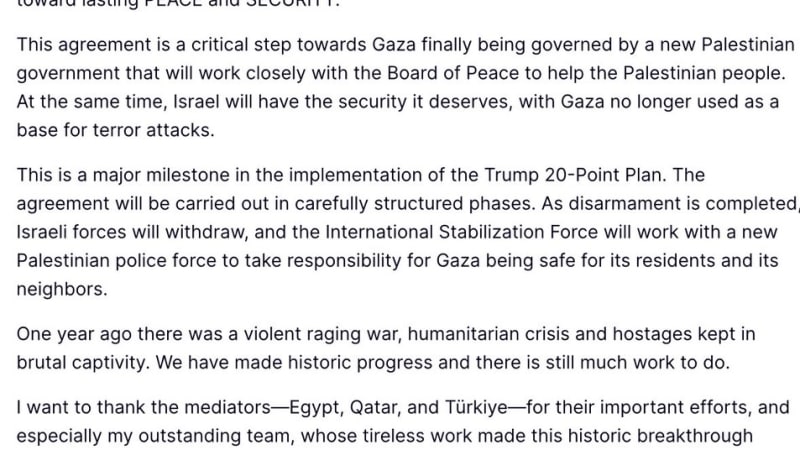 Screenshot of a Truth Social post by Donald J. Trump dated July 30, 2026, announcing a historic agreement for the complete disarmament of Hamas and armed groups in Gaza as part of the Trump 20-Point Plan, mentioning an International Stabilization Force and a new Palestinian government.