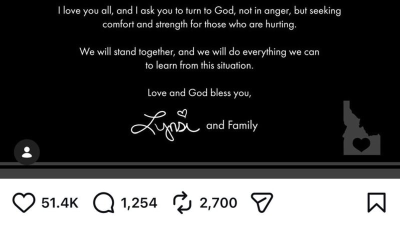 Screenshot of an Instagram post by lynsi_snyder and innout featuring a statement from In-N-Out Burger's owner Lynsi Snyder mourning the loss of an associate killed in a shooting incident, with the In-N-Out Burger logo and her signature.