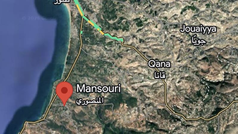 Google Maps satellite view of southern Lebanon's coastal area showing the cities of Tyre, Mansouri, Qana, Jouaiyya, Tayr Debba, and Aabbasiyyeh, with a red pin marking Mansouri and road routes highlighted.