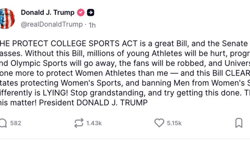 Screenshot of a social media post from Donald J. Trump's account discussing the Protect College Sports Act, urging the Senate to pass the bill and claiming it protects women's sports.
