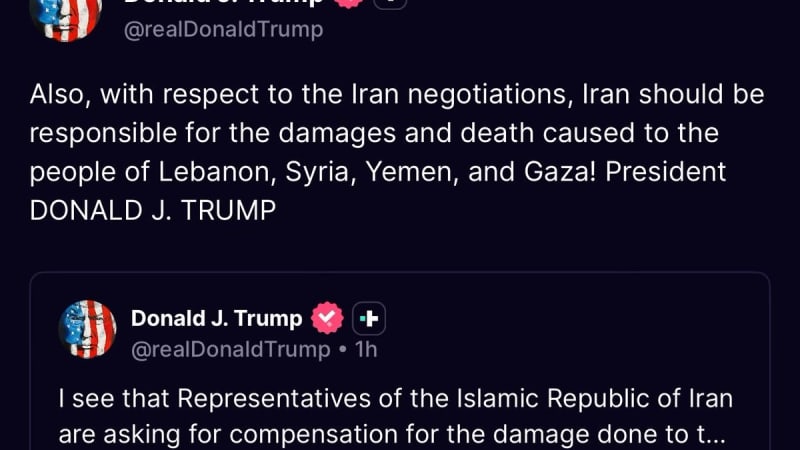 Screenshot of two social media posts from Donald J. Trump's Truth Social account discussing Iran negotiations and stating Iran should be responsible for damages caused to people of Lebanon, Syria, Yemen, and Gaza.