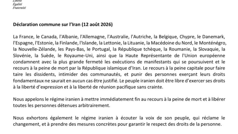 Screenshot of an official French Ministry of Europe and Foreign Affairs document titled 'Déclaration commune sur l'Iran (12 août 2026)', a joint statement by France, Canada, and numerous other countries condemning Iran's executions of protesters and use of the death penalty.