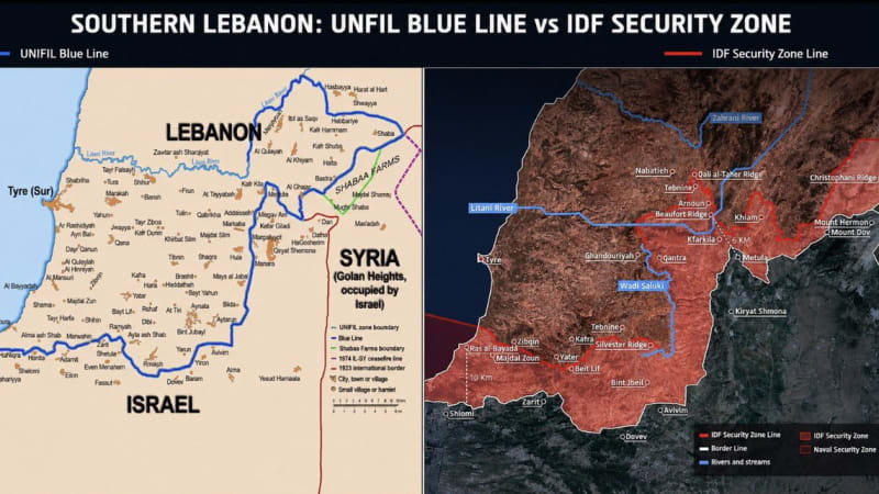 Infographic comparing the UNIFIL Blue Line and the IDF Security Zone in southern Lebanon, featuring a detailed reference map on the left showing towns and boundaries, and a satellite imagery overlay on the right highlighting the IDF security zone in red.