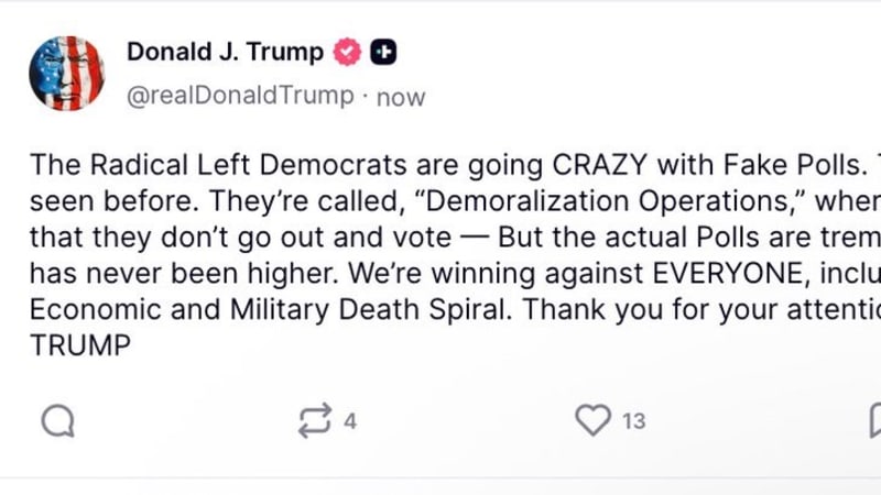 Screenshot of a social media post from Donald J. Trump's account (@realDonaldTrump) discussing polling, claiming Democrats are using 'Fake Polls' as 'Demoralization Operations' against Republicans, and mentioning Iran.