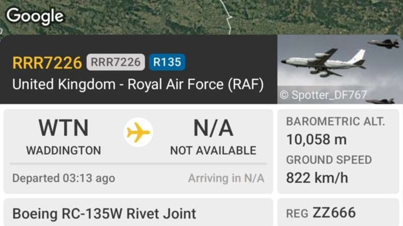 Flightradar24 screenshot showing RAF Boeing RC-135W Rivet Joint reconnaissance aircraft (callsign RRR7226, reg ZZ666) flying a patrol pattern over the Baltic region near Poland, Lithuania, and Belarus, having departed from RAF Waddington.