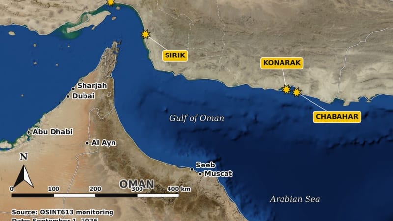 OSINT infographic map showing reported strikes in southeast Iran, marking locations at Bandar Abbas, Sirik, Konarak, and Chabahar along the Gulf of Oman coast, dated September 1, 2026, sourced from OSINT613 monitoring.