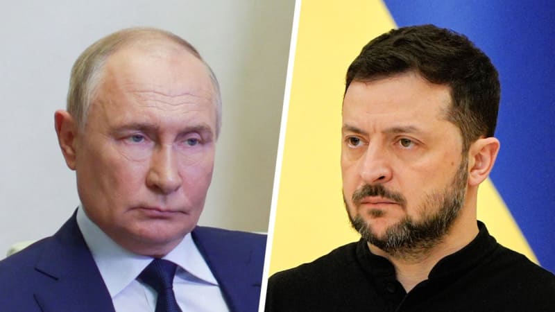 Side-by-side composite image showing two male political leaders in close-up portraits, one in a dark blue suit against a neutral background and the other in a black top in front of a Ukrainian flag.