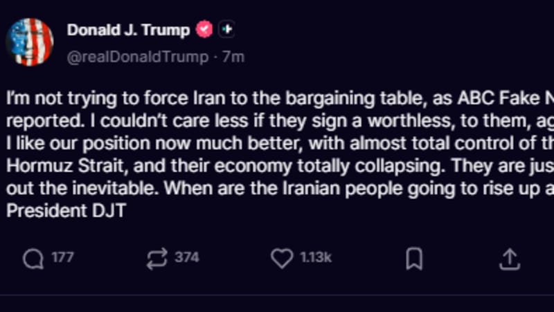 Screenshot of a social media post from Donald J. Trump's account discussing Iran, the Hormuz Strait, and criticizing ABC News reporting.