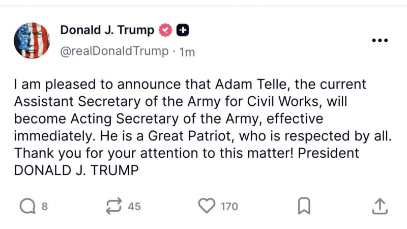 Screenshot of a social media post from Donald J. Trump's account announcing that Adam Telle will become Acting Secretary of the Army, effective immediately.