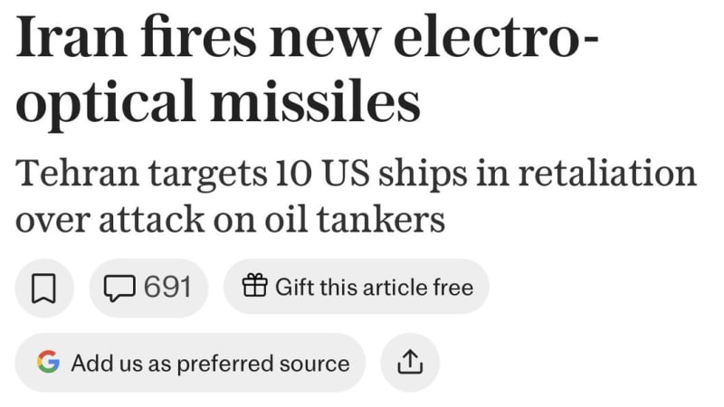 Screenshot of a news article with the headline 'Iran fires new electro-optical missiles' and subheadline about Tehran targeting 10 US ships, accompanied by a video still showing a missile being launched from a ground platform.
