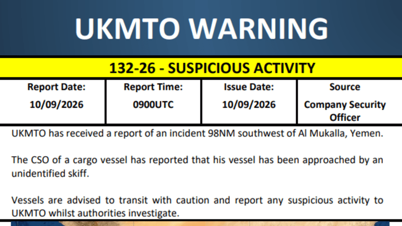 UKMTO Warning 132-26 dated 10/09/2026 reporting suspicious activity 98NM southwest of Al Mukalla, Yemen, involving a cargo vessel approached by an unidentified skiff, with a map showing the incident area in the Gulf of Aden.