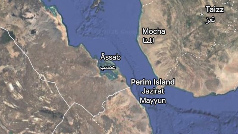 Google Earth satellite map view of the Red Sea region showing Jazirat Jabal Zuqar island marked with a red pin, with surrounding locations including Al Hudaydah, Mocha, Taizz, Assab, and Perim Island visible along the Yemeni and Eritrean coasts.