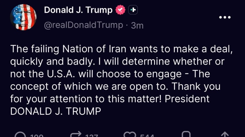 Screenshot of a Truth Social post by Donald J. Trump discussing Iran wanting to make a deal and the U.S. being open to engagement.