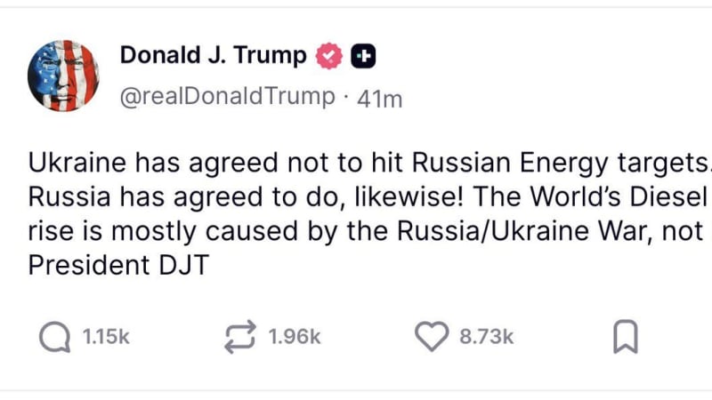 Screenshot of a social media post from Donald J. Trump's account discussing Ukraine and Russia agreeing not to hit each other's energy targets, and attributing world diesel price rises to the Russia/Ukraine War.