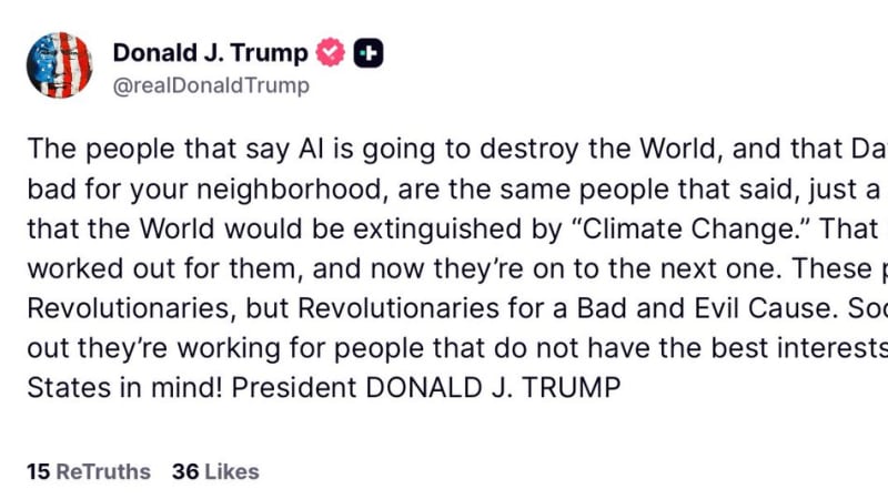Screenshot of a Truth Social post by Donald J. Trump (@realDonaldTrump) dated 9/14/26, discussing AI, data centers, and climate change, calling critics 'Revolutionaries for a Bad and Evil Cause.'