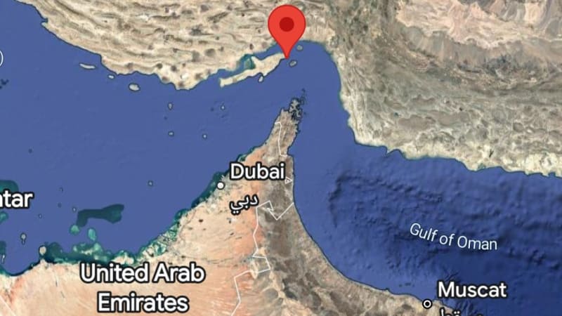 Satellite map view of the Strait of Hormuz region showing a red pin marker on the Iranian coast, with Dubai, United Arab Emirates, Gulf of Oman, and Muscat labeled.