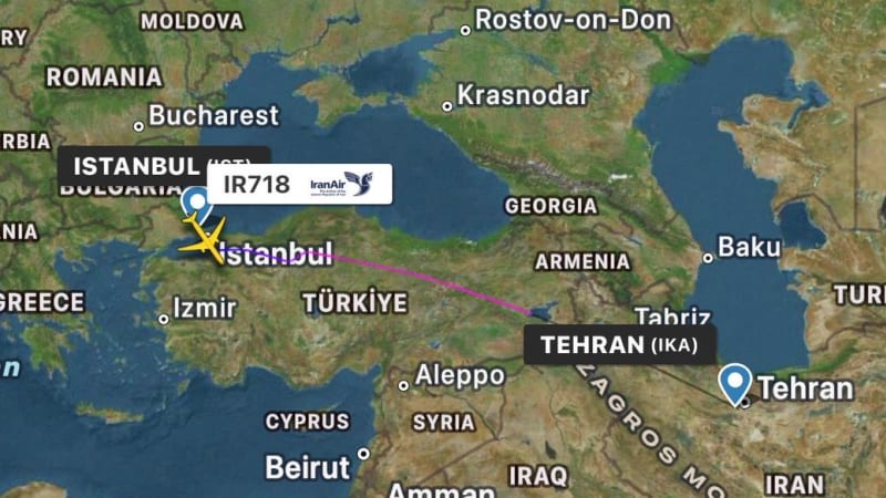 Flight tracking screenshot showing Iran Air flight IR718, an Airbus A330-243 (EP-IJC), en route from Tehran (IKA) to Istanbul (IST) at 22,025 ft altitude and 328 knots ground speed, displayed on an Apple Maps view of the Middle East region.
