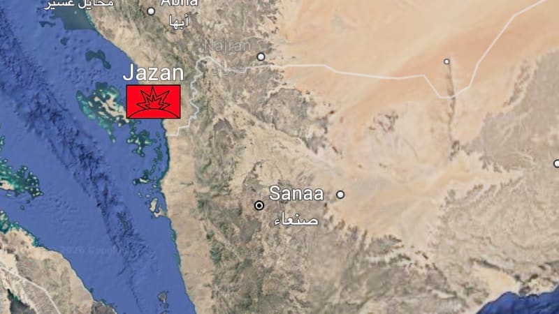 Satellite map of the Saudi Arabia-Yemen border region showing cities including Jazan, Abha, Najran, Sanaa, and Aden, with an explosion icon marked near Jazan indicating a reported strike or attack.