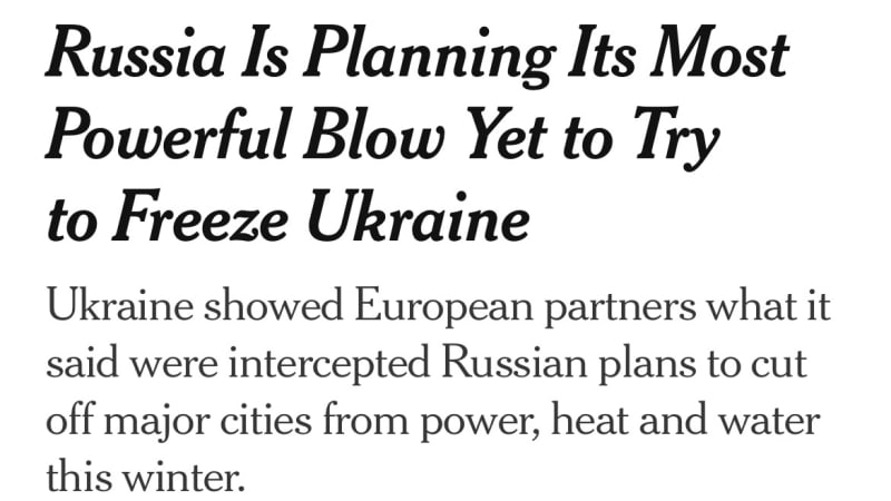 Screenshot of a news article headline reading 'Russia Is Planning Its Most Powerful Blow Yet to Try to Freeze Ukraine' with a subheadline about intercepted Russian plans to cut off Ukrainian cities from power, heat and water.