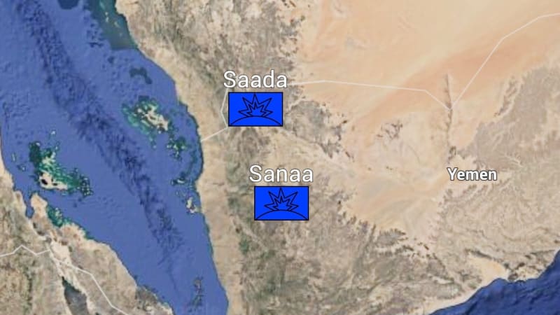 Satellite map of Yemen and the Arabian Peninsula with explosion icons marking the cities of Saada and Sanaa, indicating airstrike or conflict locations.