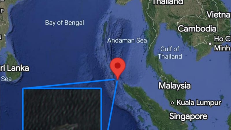 Satellite map of Southeast Asia showing the Andaman Sea with a red pin marker and an inset zoom of satellite imagery showing what appears to be a vessel or object in the water, branded with OSINT613 watermark.