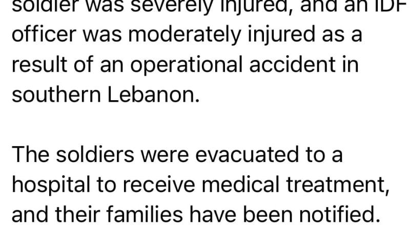 Screenshot of a text statement from the Israel Defense Forces reporting that an IDF soldier was severely injured and an IDF officer was moderately injured in an operational accident in southern Lebanon over the weekend.