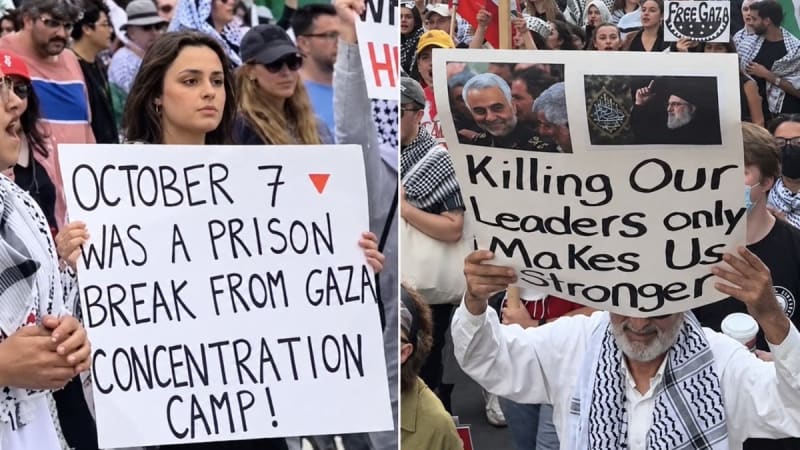A composite of two photos from pro-Palestinian protests showing demonstrators holding signs. The left sign reads 'October 7 was a prison break from Gaza concentration camp!' and the right sign reads 'Killing our leaders only makes us stronger' with images of political figures.