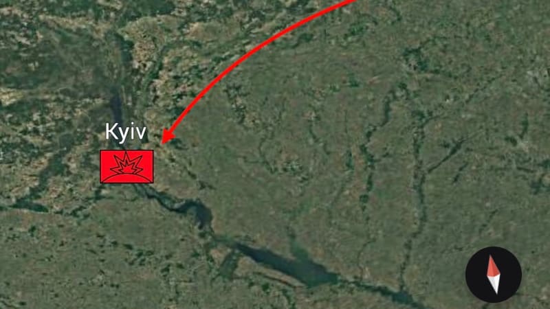 Satellite imagery map showing a red arrow indicating a ballistic missile trajectory from Kursk Oblast, Russia toward Kyiv, Ukraine, with military symbology for a missile launcher and explosion impact.