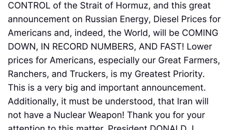 Screenshot of a Truth Social post by Donald J. Trump (@realDonaldTrump) announcing a discussion with President Vladimir Putin regarding Russian diesel fuel supply to the American and global marketplace, control of the Strait of Hormuz, and a statement that Iran will not have a nuclear weapon.