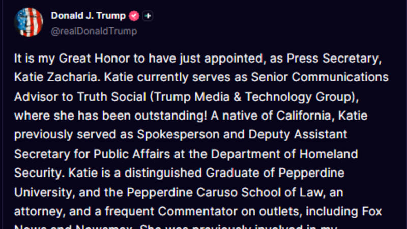 Screenshot of a Truth Social post by Donald J. Trump announcing the appointment of Katie Zacharia as Press Secretary, replacing Karoline Leavitt, dated October 9, 2026.