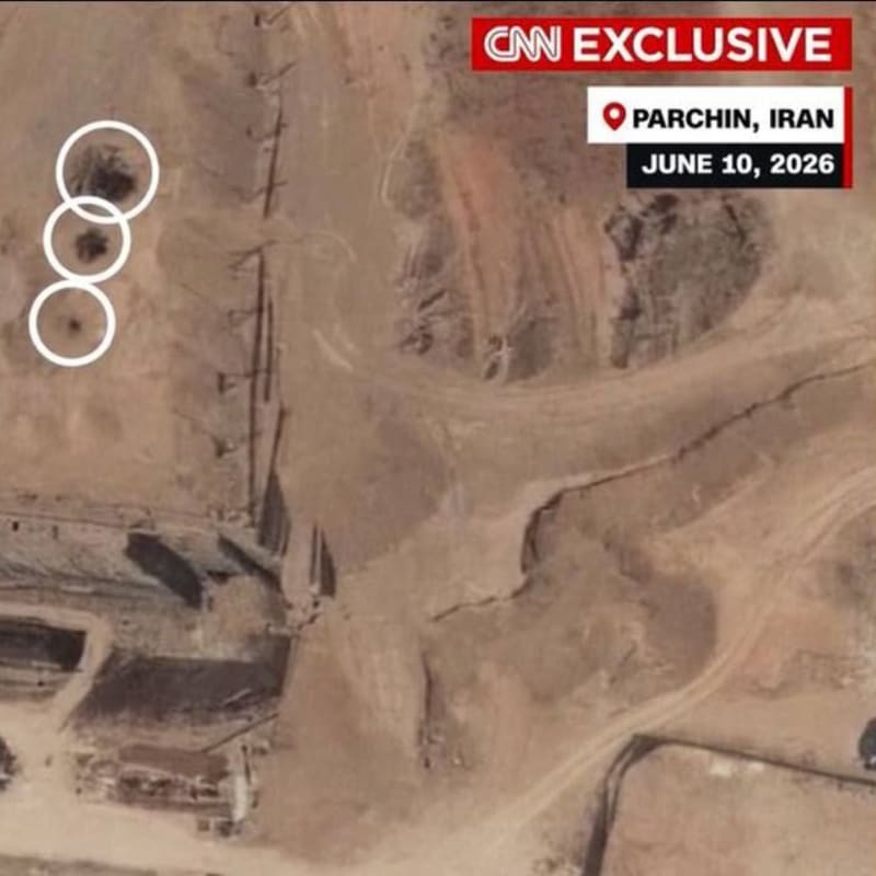CNN exclusive satellite imagery of the Parchin military complex in Iran dated June 10, 2026, showing damaged or destroyed structures with three circled impact points highlighted on the terrain. The image is credited to Vantor.