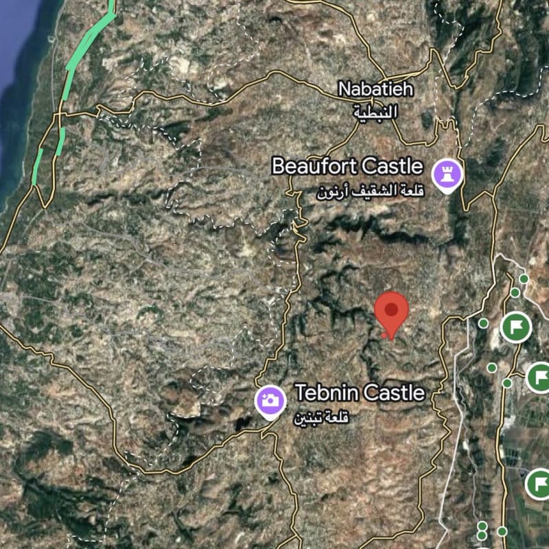 Satellite map view of southern Lebanon showing the area between Nabatieh, Beaufort Castle, and Tebnin Castle, with a red pin marker indicating a specific location in the mountainous terrain.