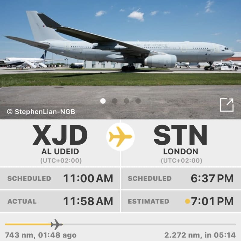 Flightradar24 screenshot showing RAF Airbus A330 (flight RRR2207) route details from Al Udeid (XJD) to London Stansted (STN), with a photo of the grey Royal Air Force tanker/transport aircraft on the ground.