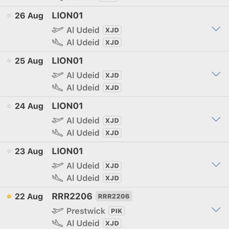 Screenshot of a flight tracking application showing military flight logs for Year 2026, including callsigns RRR2207 and LION01 operating between Al Udeid (XJD), London Stansted (STN), and Prestwick (PIK).