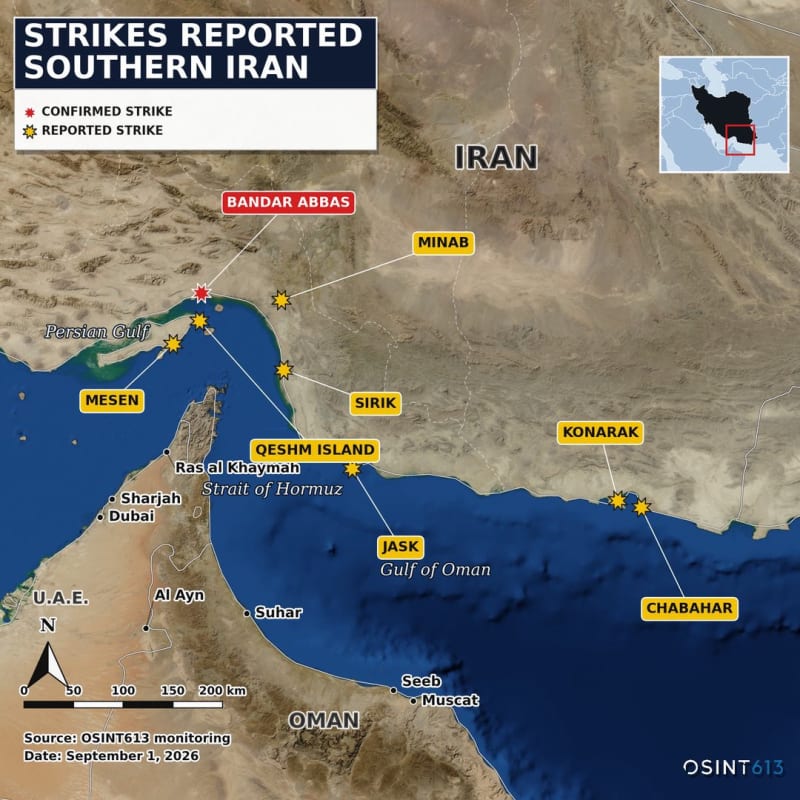 OSINT613 infographic map dated September 1, 2026, showing confirmed and reported strike locations across southern Iran, including Bandar Abbas, Minab, Sirik, Qeshm Island, Jask, Konarak, Chabahar, and Mesen, overlaid on satellite imagery of the Strait of Hormuz region.